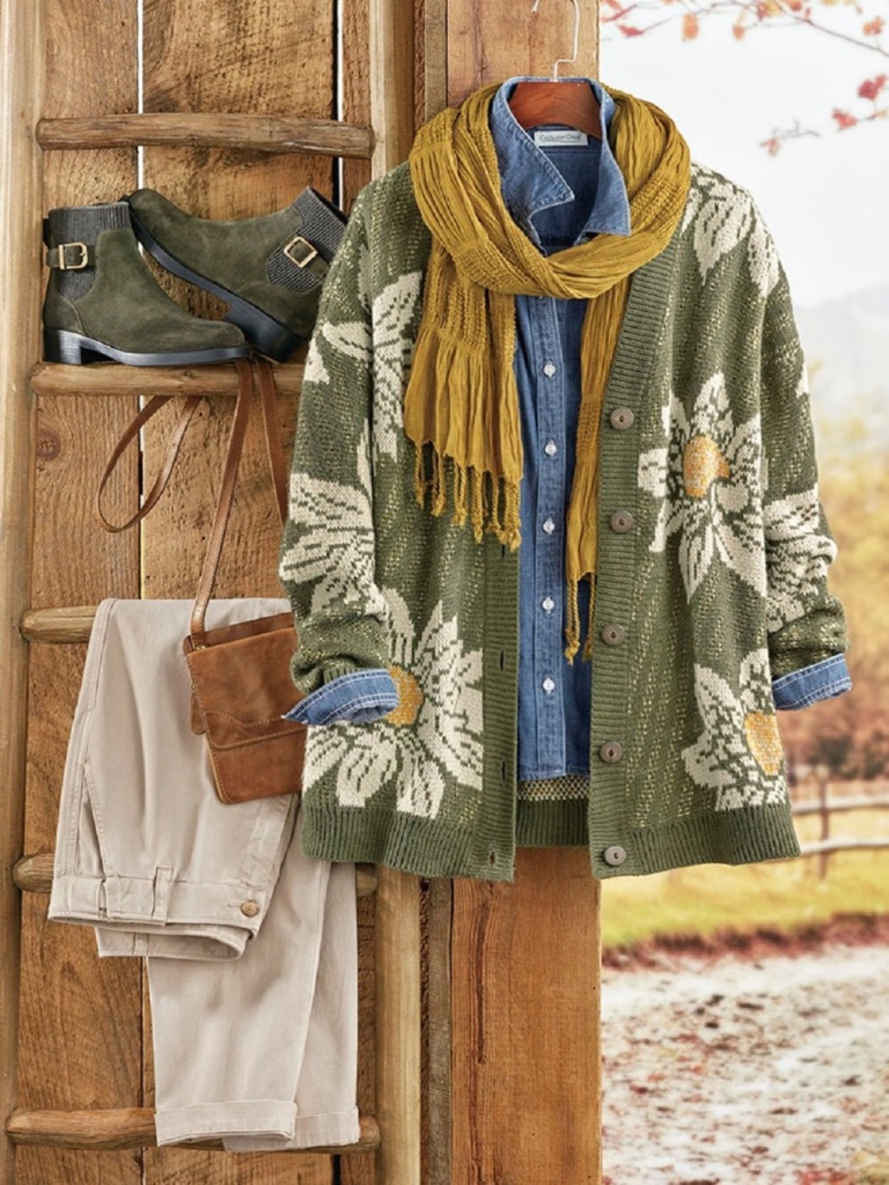 Coldwater Creek Olive Floral Knit Cardigan with Cream Blooms